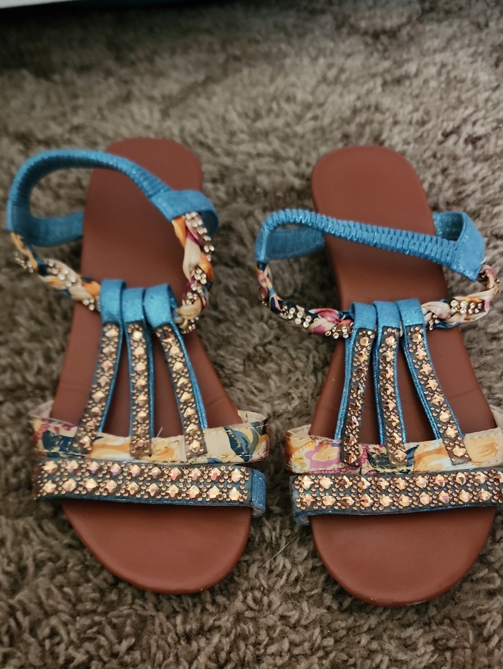 Blue Beaded Women’s T-Strap Sandals